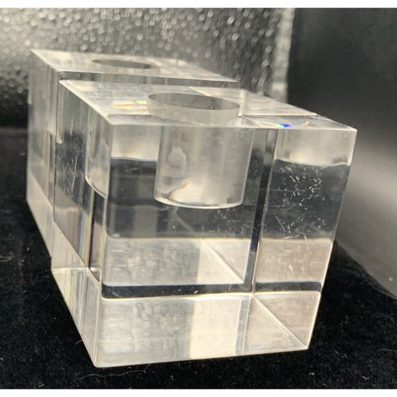 Lucite Block Cube Taper Candlestick Holder MCM Set 2 Vtg Clear Acrylic Incised - Picture 5 of 11